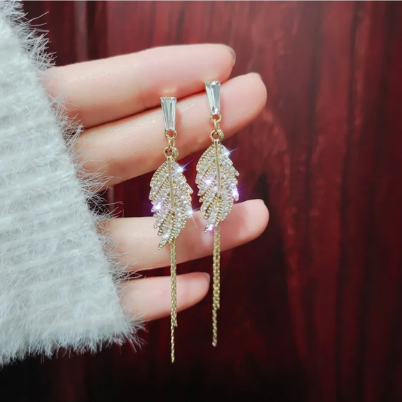 Gold-plated Crystal Leaf Drop earrings with silver post BOGO - Picture 8 of 12